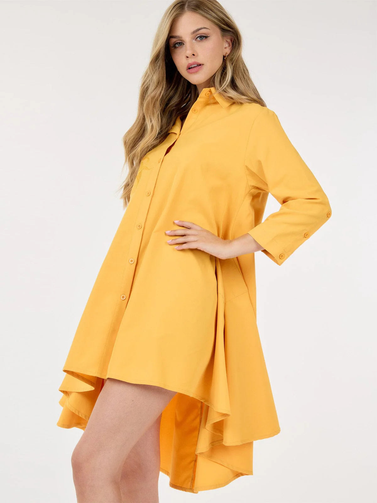 Women's Long Sleeve High Low Pockets Embroidery Detailed Mini Dress