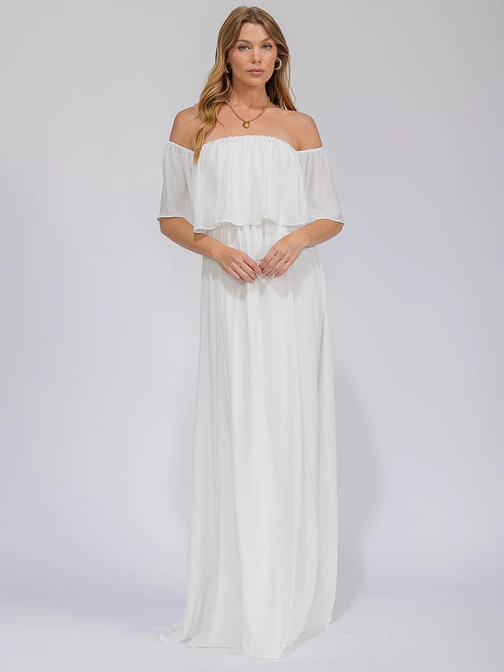 Women's Short Sleeve Off Shoulder Elastic Waist Maxi Gown Dress