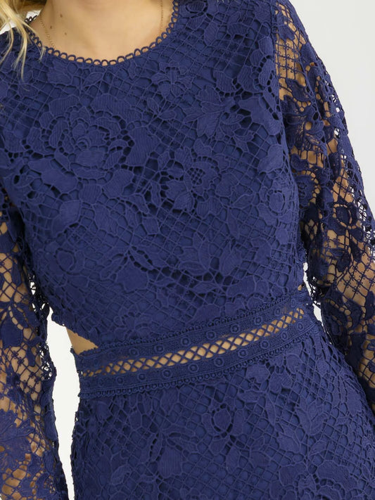 WOMEN'S LONG SLEEVE SIDE CUT OUT BODYCON CROCHET MIDI DRES