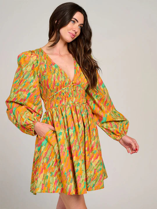 Women's Long Sleeve V-Neck Smock Multi Print Fit & Flare Medium