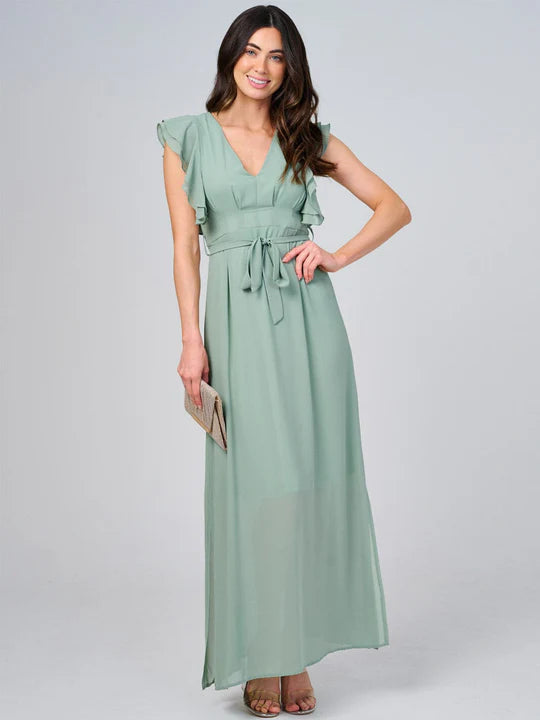 Women's Ruffle Sleeve V-Neck Self Tie Open Back Maxi Dress