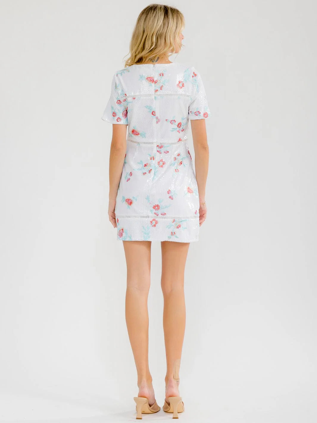 WOMEN'S SHORT SLEEVE BODYCON FLORAL SEQUINS MINI DRESS