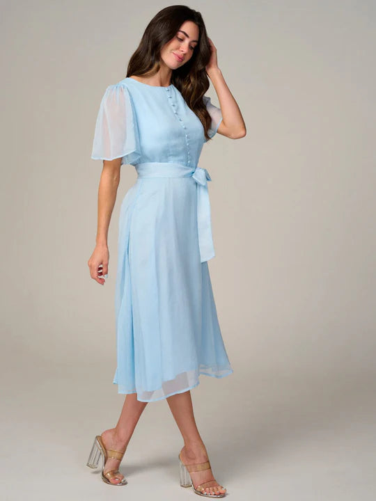 Women’s Short Sleeve Buttons Detailed Self Tie Midi Dress