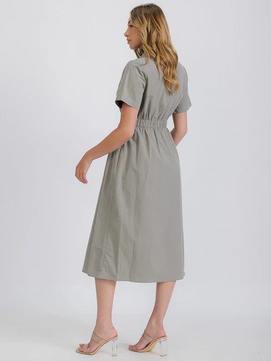 Women's Short Sleeve Front Pockets Button Linen Midi Dress