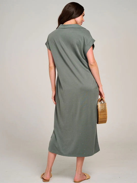 Women's Short Sleeve V-Neck Side Slit Front Pocket Loose Fit Maxi Dress