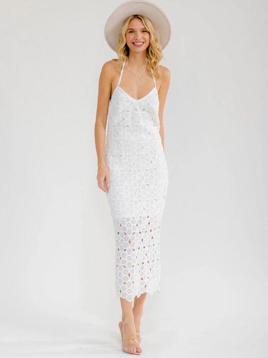 WOMEN'S SLEEVELESS HALTER NECK OPEN BACK CROCHET FLORAL BODYCON MAXI DRESS