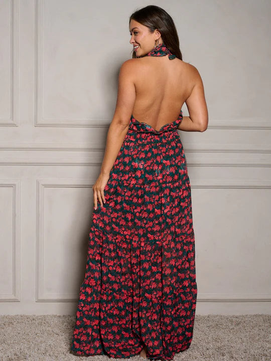 Women's Sleeveless Halter Neck Smock Floral Maxi Dress