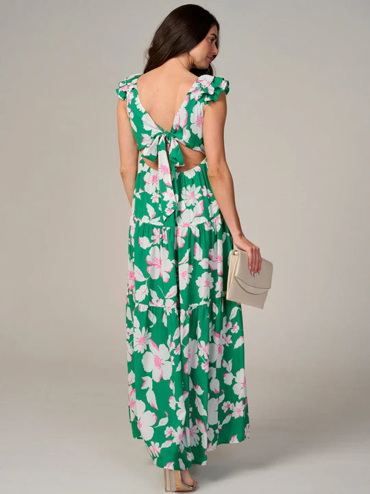 Women's Sleeveless V-Neck Back Tie Floral Maxi Dress