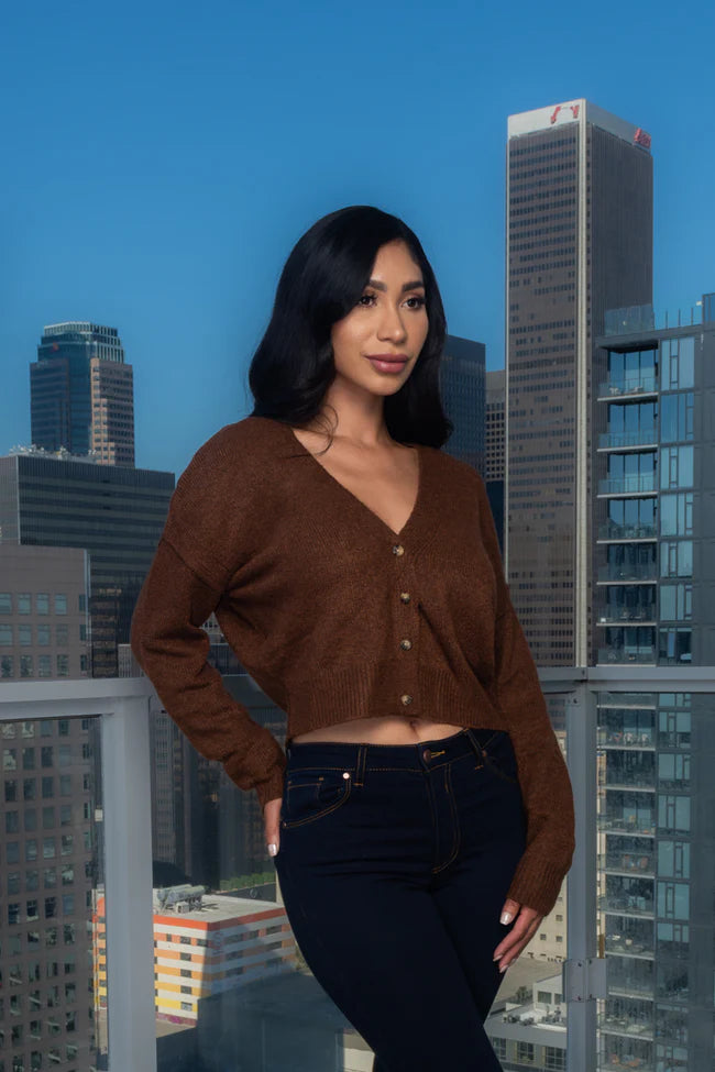 Warm & Cozy" V-Neck Button Down Knit Solid Crop Sweater