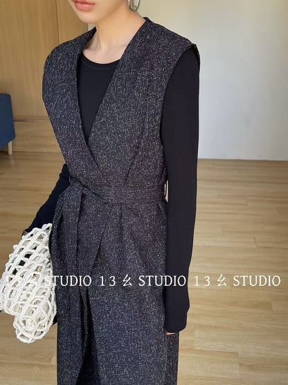 Long Vest Set With Wide Pants - Minimal Chic 2 Piece Suit