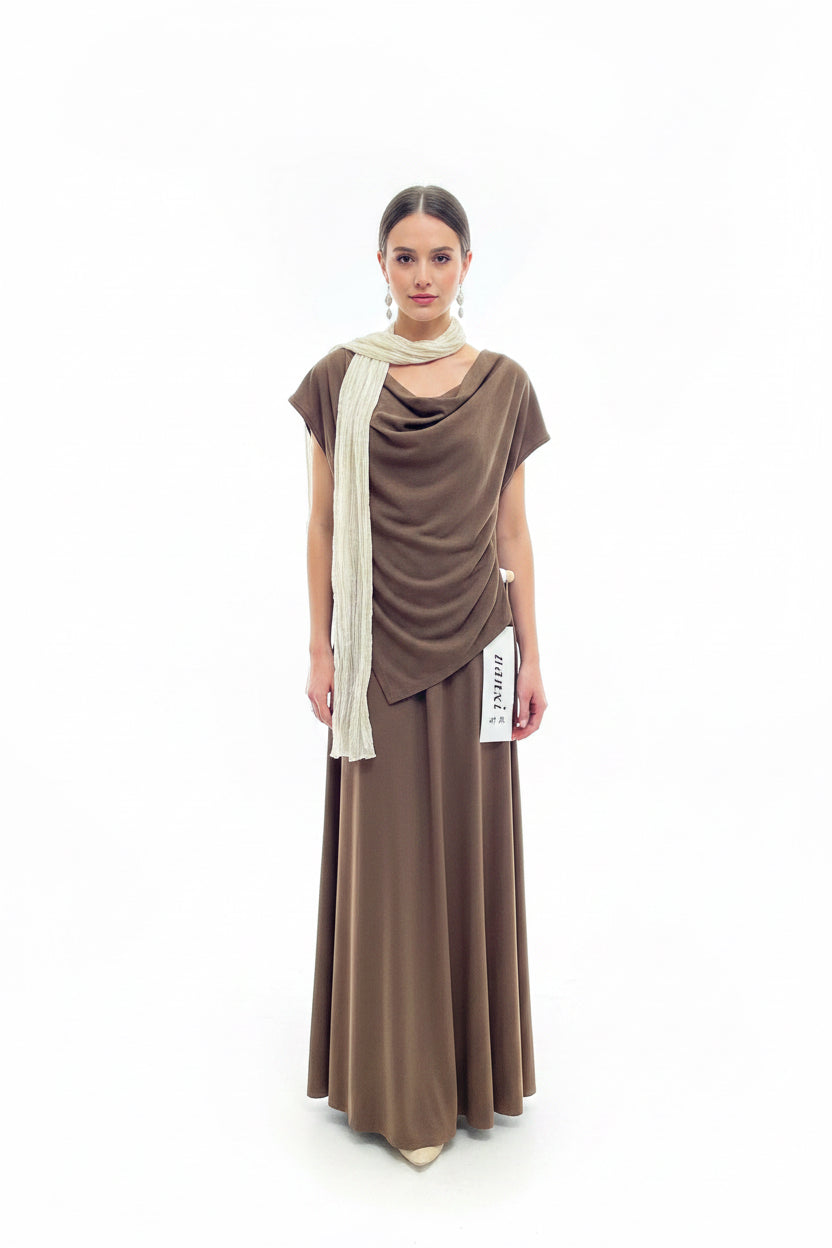 Draped Cowl Neck Dress With Scarf - Long Modest Dress