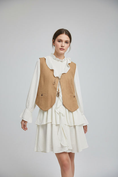 The Cream Ruffle Dress &amp; Camel Suede Vest Set