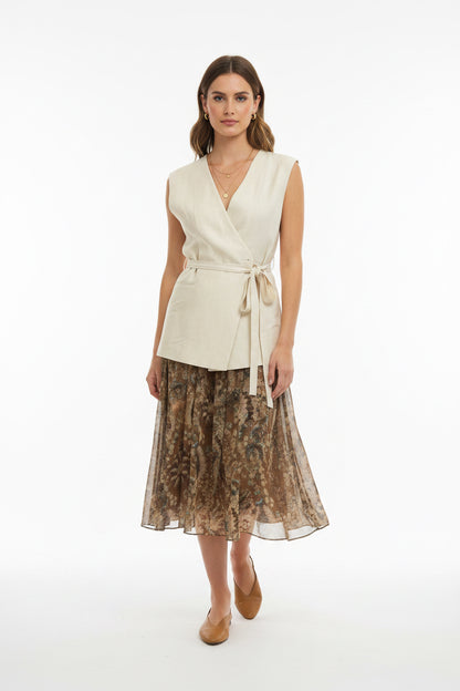The Boho Linen Wrap Vest + Paisley Chiffon Skirt Set - Quiet Luxury 2pc
