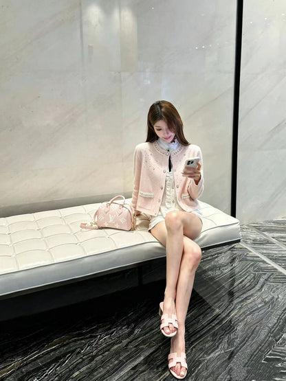Rosé Pearl Cardigan - Luxury Beaded Knit Cardigan with Rhinestone &amp; Pearl Details