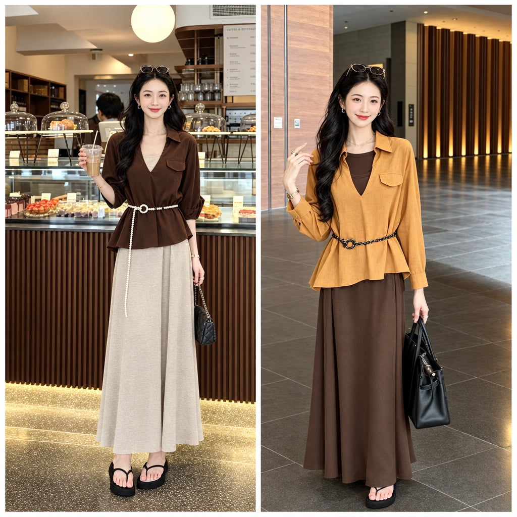 Brown Layered Top + Beige Maxi Skirt Set
