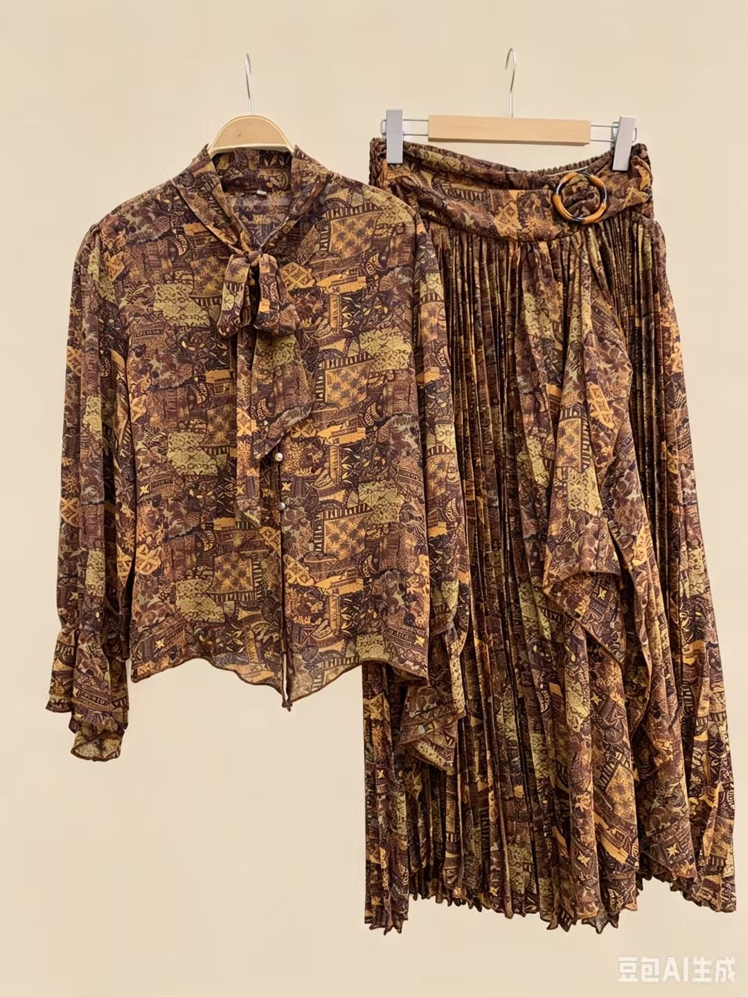 The Vintage Pleated Tie Dress - 2 Piece Look Set - Brown &amp; Green