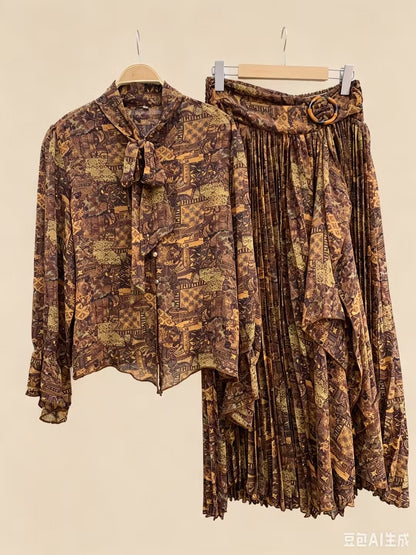 The Vintage Pleated Tie Dress - 2 Piece Look Set - Brown &amp; Green