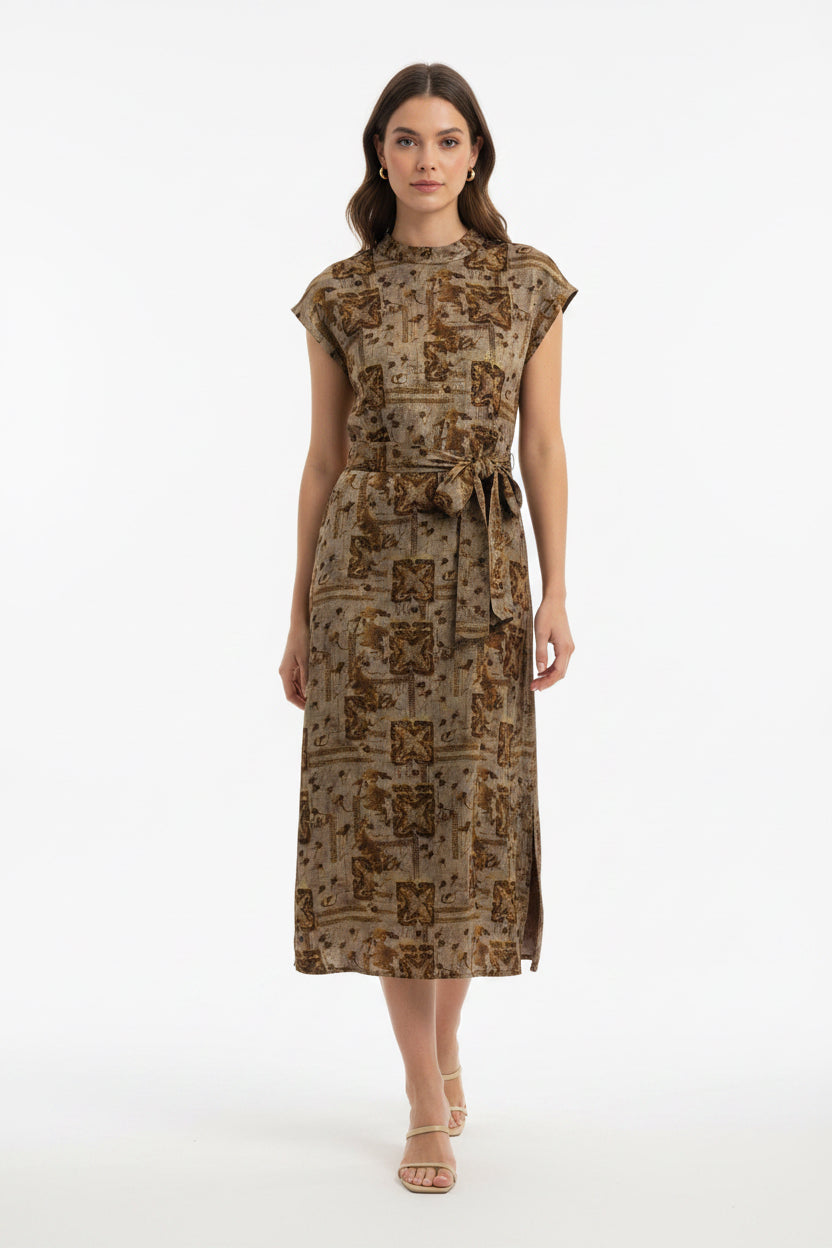 The Vintage Baroque Belted Midi Dress - Brown Mosaic