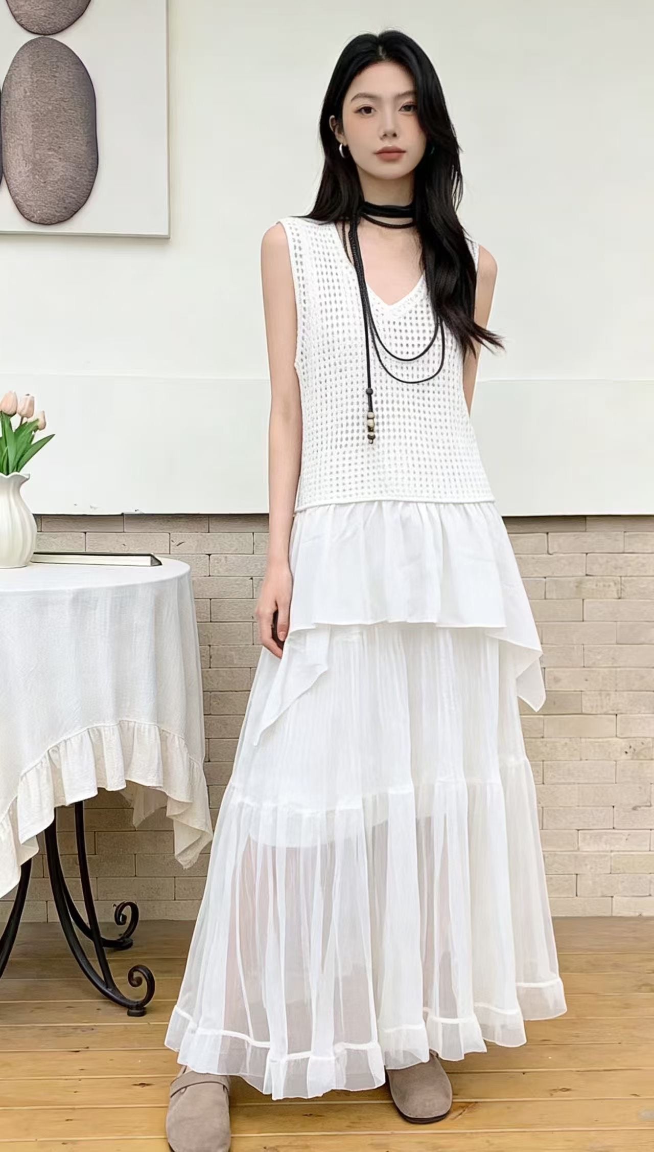 The "Mixed Media" Mesh Ruffle Tank