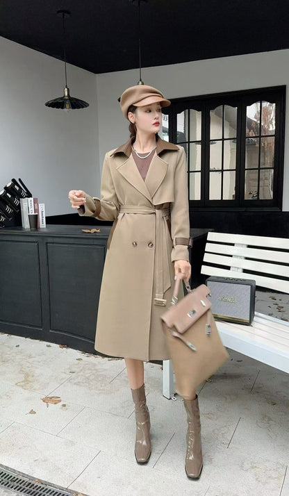 Contrast Collar Double-Breasted Long Trench Coat - With Belt