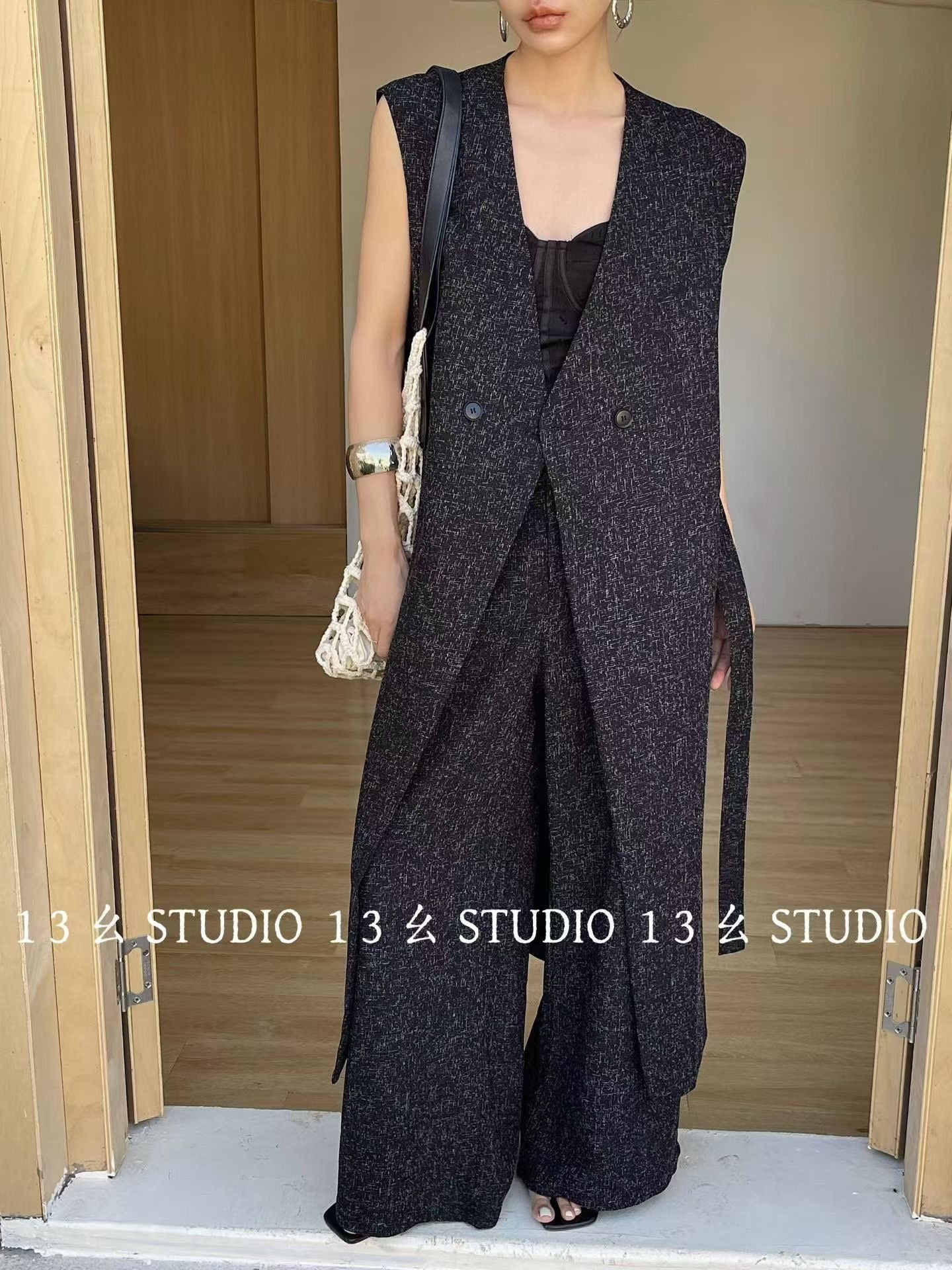 Long Vest Set With Wide Pants - Minimal Chic 2 Piece Suit