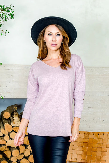 3/4 Sleeve Heathered V-neck Top with Gold Accents at Slit Soulder