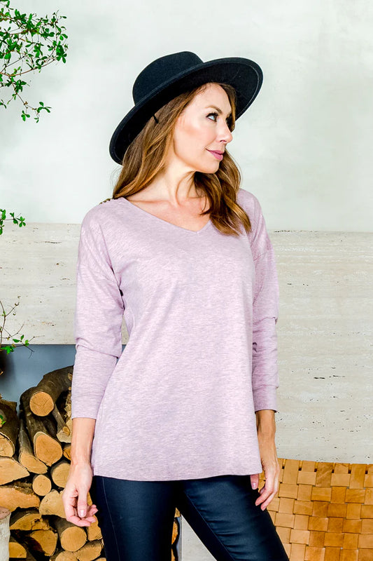 3/4 Sleeve Heathered V-neck Top with Gold Accents at Slit Soulder