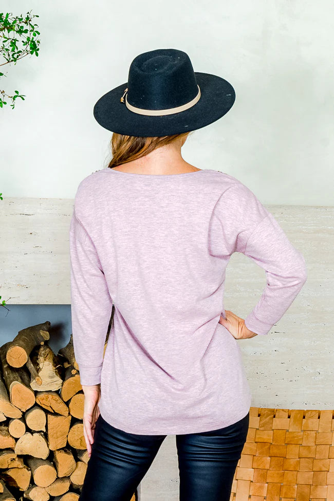 3/4 Sleeve Heathered V-neck Top with Gold Accents at Slit Soulder