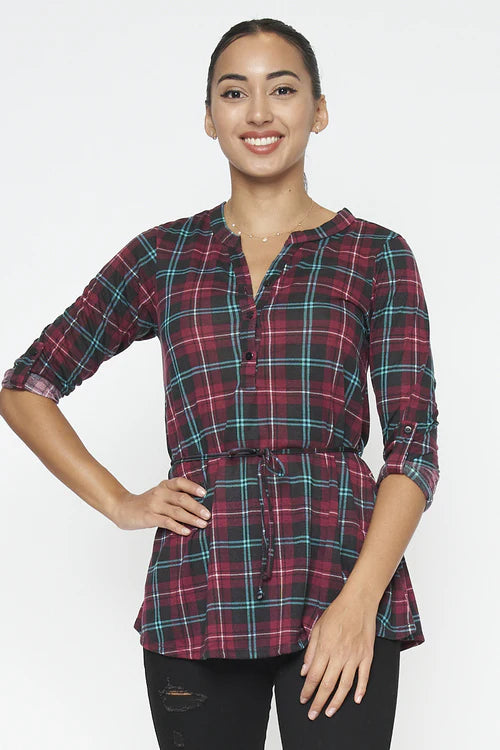 3/4 Sleeve Plaid Top With Front Buttons and Lace Belt