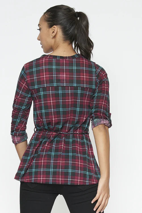3/4 Sleeve Plaid Top With Front Buttons and Lace Belt