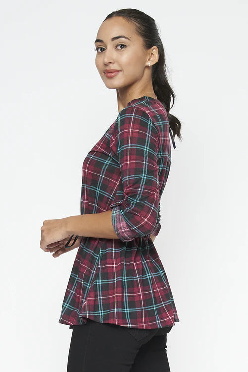 3/4 Sleeve Plaid Top With Front Buttons and Lace Belt