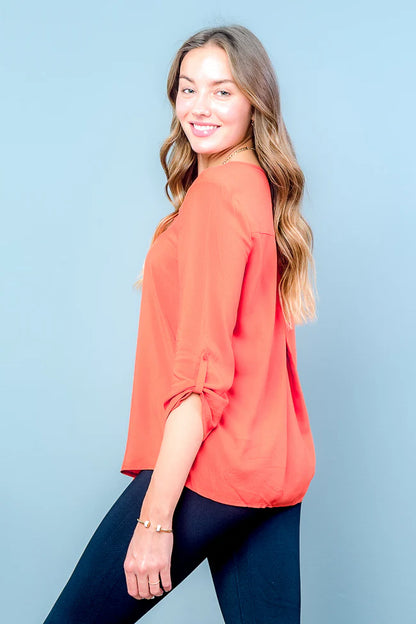 3/4 Sleeve Rolled Cuffs V-neck Solid Top