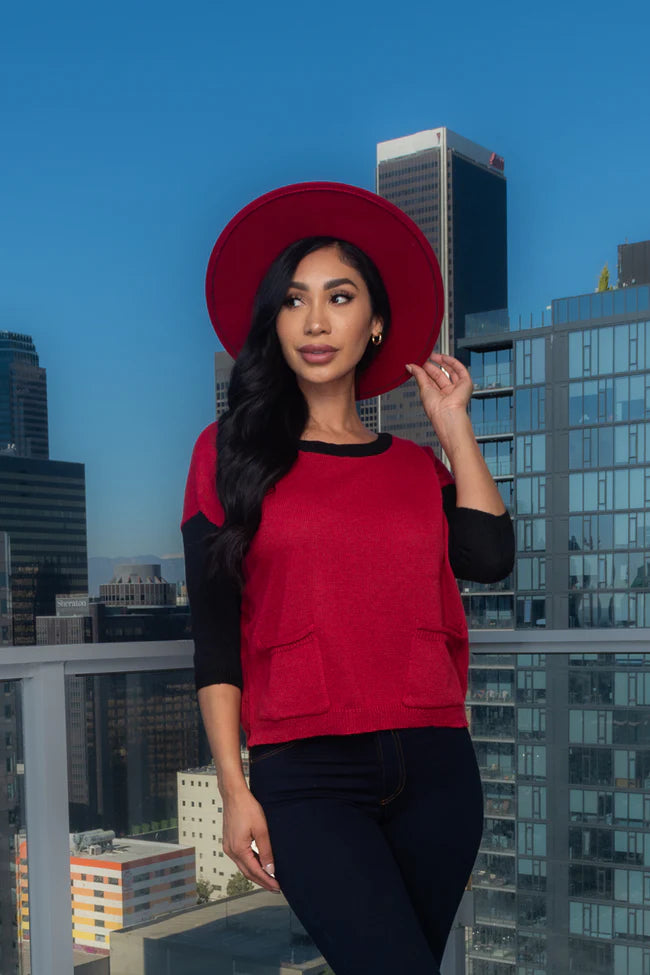 3/4 Sleeve Round Neck Knit Top With 2 Front Pockets