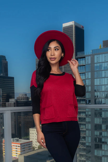 3/4 Sleeve Round Neck Knit Top With 2 Front Pockets