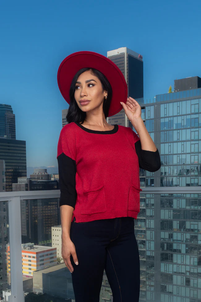 3/4 Sleeve Round Neck Knit Top With 2 Front Pockets