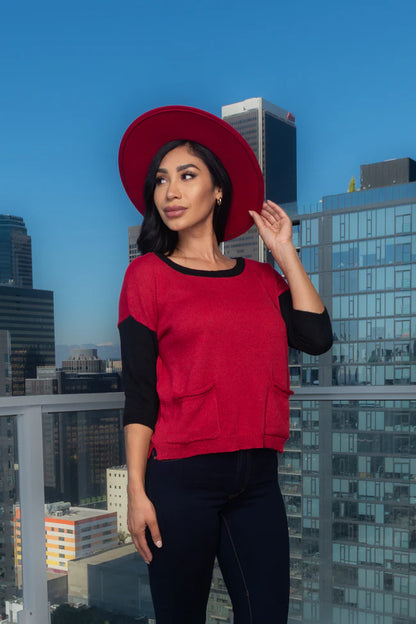 3/4 Sleeve Round Neck Knit Top With 2 Front Pockets