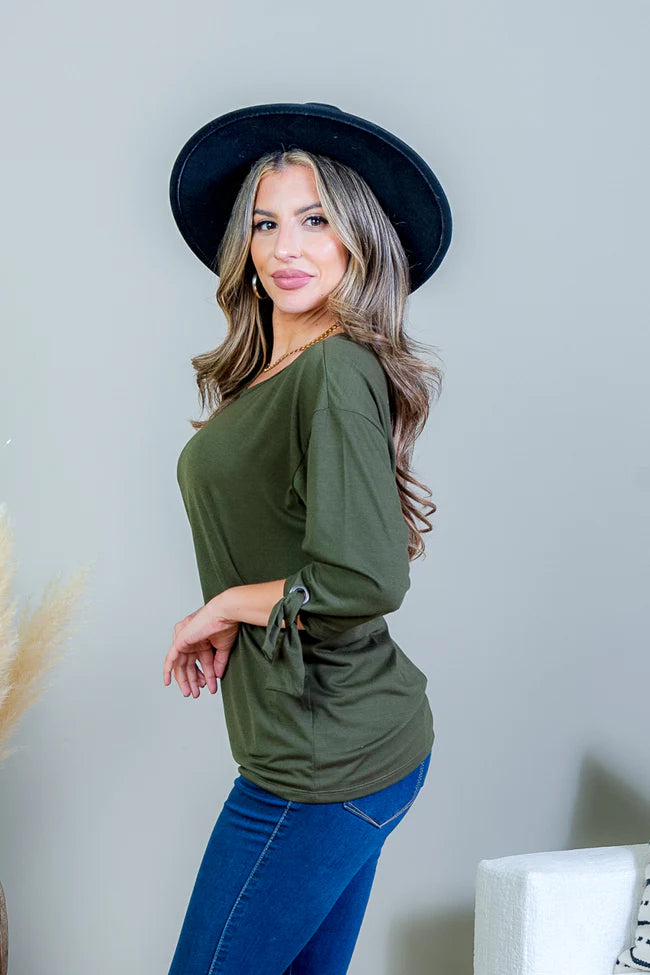 3/4 Sleeve Scoop Neck Top with Tie Detail at Cuff
