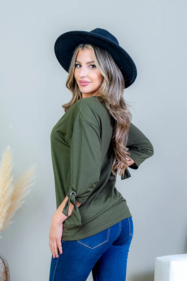 3/4 Sleeve Scoop Neck Top with Tie Detail at Cuff