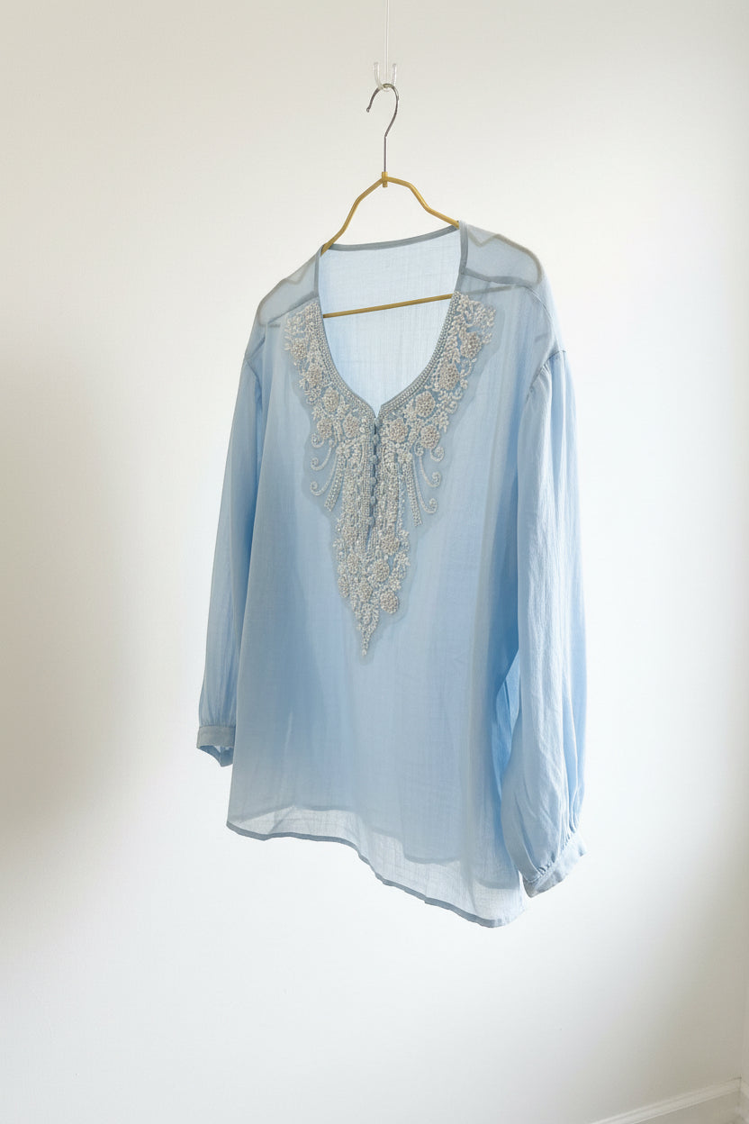 The Pearl Beaded Linen Tunic Top - Luxury Embellished Blouse