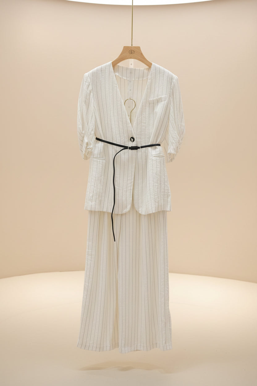 The Old Money Pinstripe Blazer + Palazzo Set - Quiet Luxury Power Suit