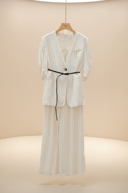The Old Money Pinstripe Blazer + Palazzo Set - Quiet Luxury Power Suit
