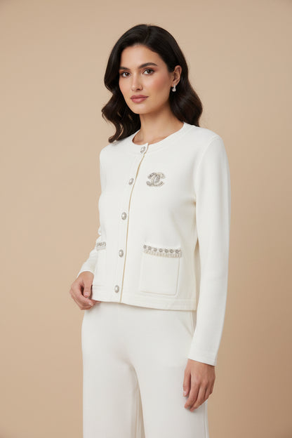 Pearl Button Embellished Cardigan - White