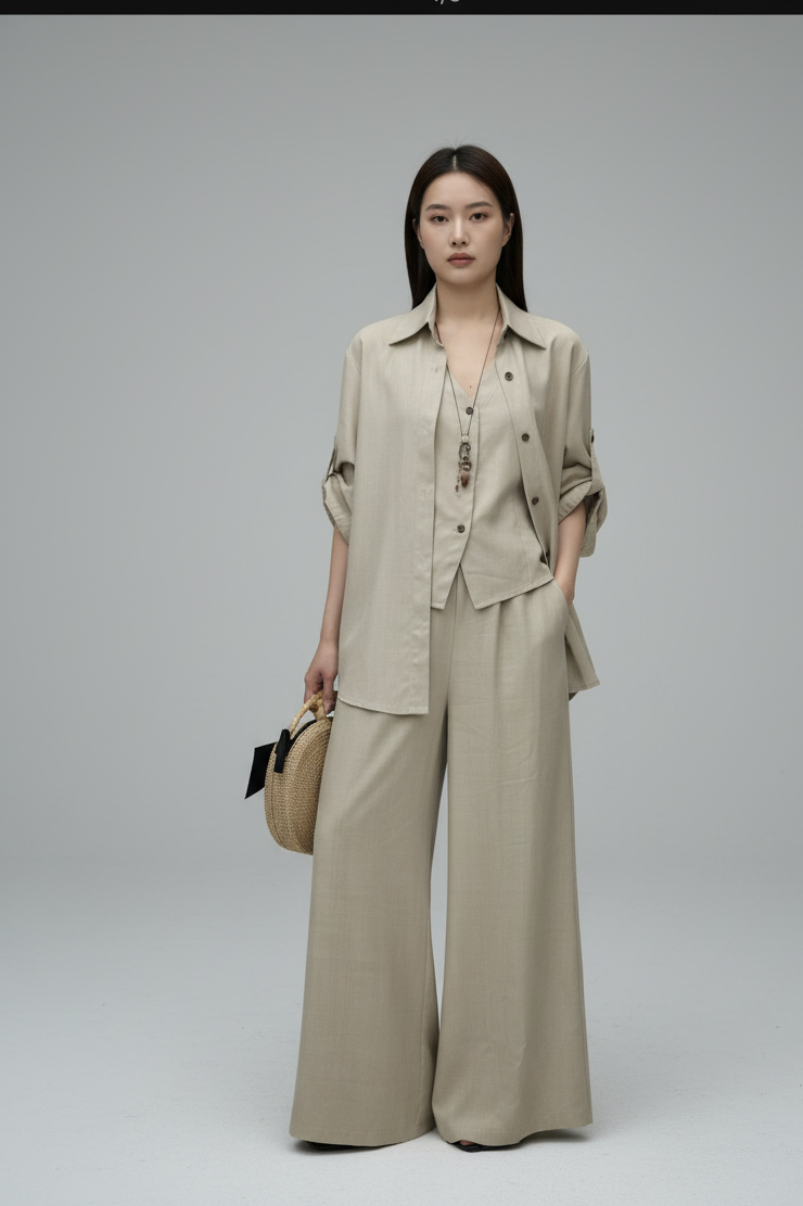 Linen Shirt Set - Vest + Shirt + Wide Pants
