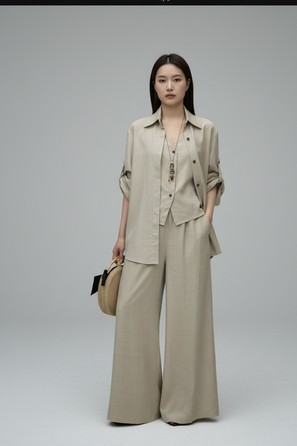 Linen Shirt Set - Vest + Shirt + Wide Pants