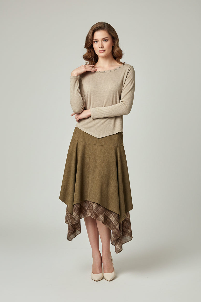 Studded Top With Asymmetrical Suede Skirt Set - 2 Piece