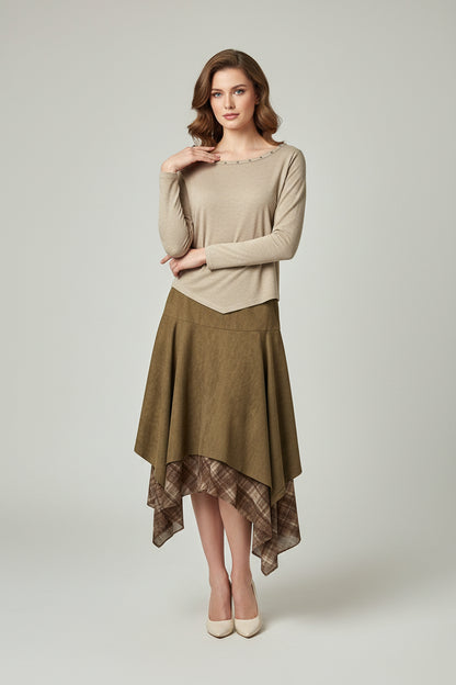 Studded Top With Asymmetrical Suede Skirt Set - 2 Piece