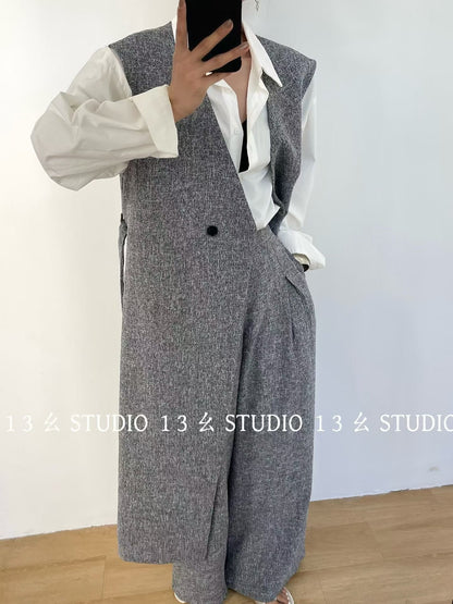 Long Vest Set With Wide Pants - Minimal Chic 2 Piece Suit