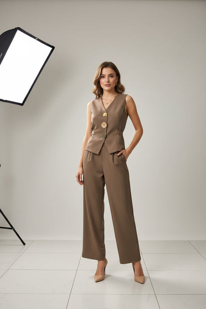 Artisan Button Vest Palazzo Set - Designer 2pc Suit