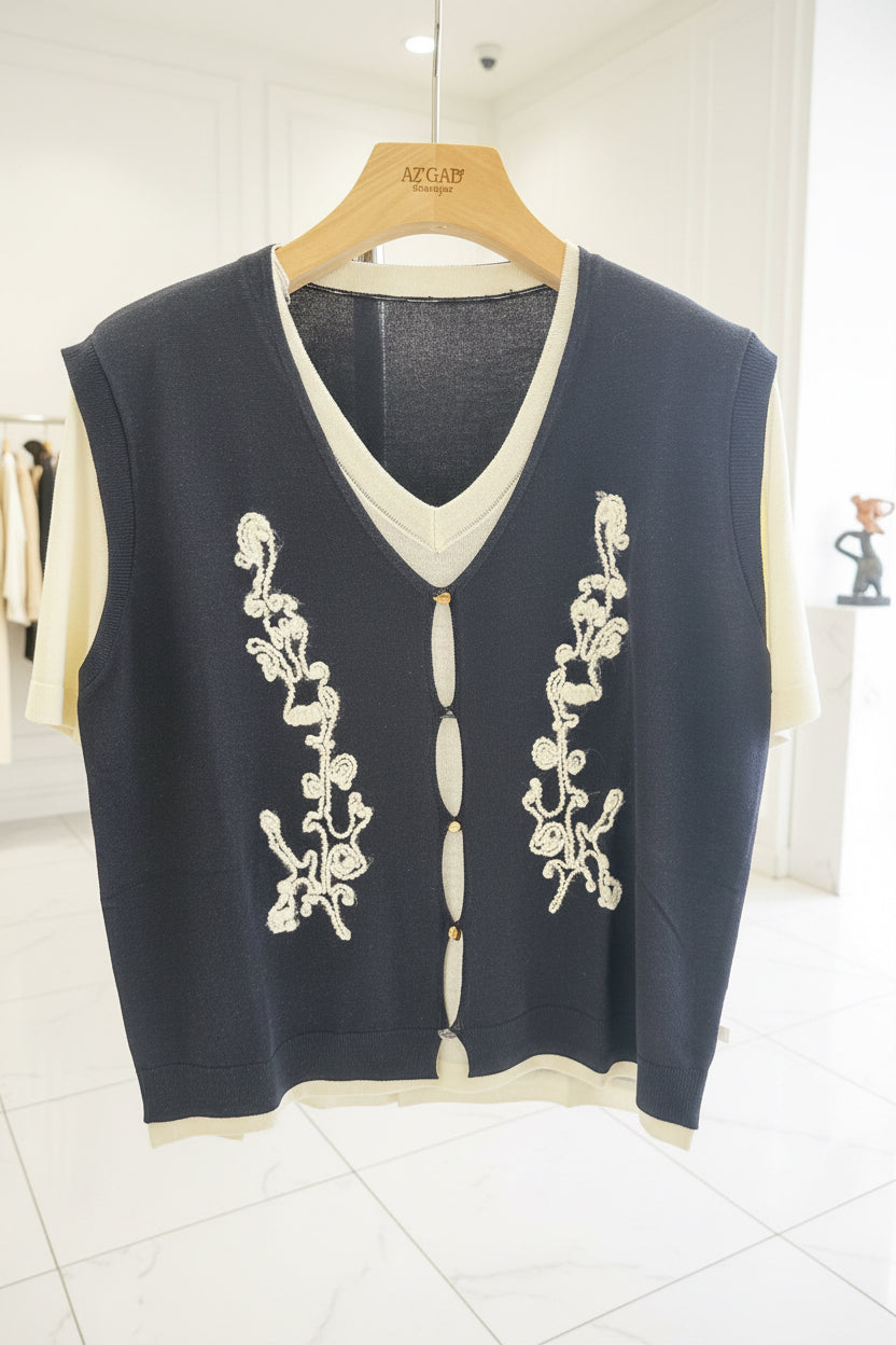 The Embroidered Knit Layer Tee - Old Money 2-in-1 Top