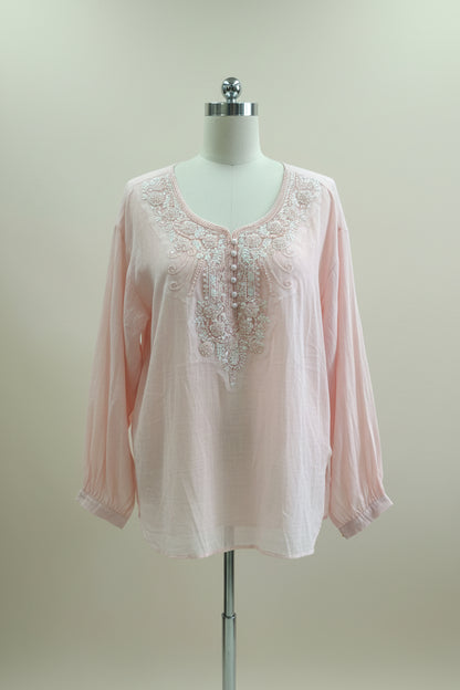 The Pearl Beaded Linen Tunic Top - Luxury Embellished Blouse